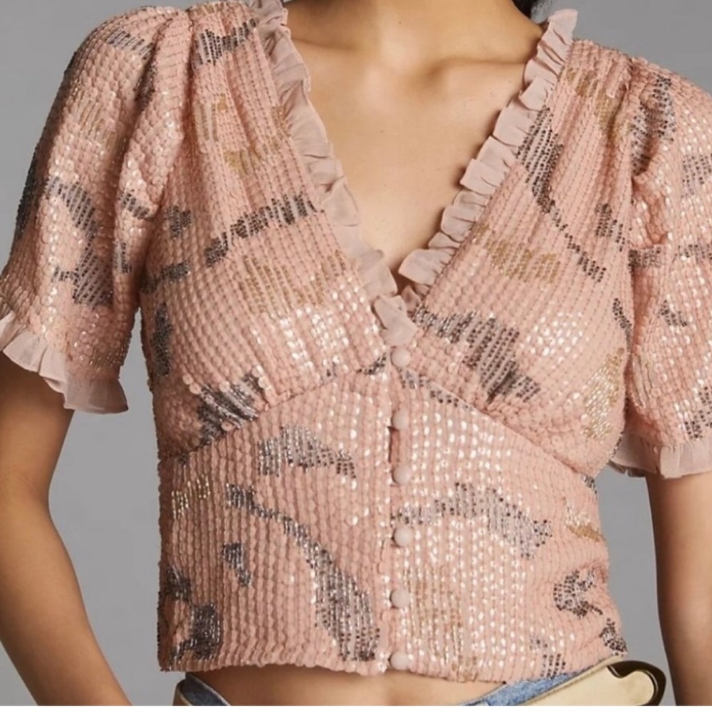 NWT Anthropologie Forever That Girl Sequined V-Neck Blouse Neutral Medium $160